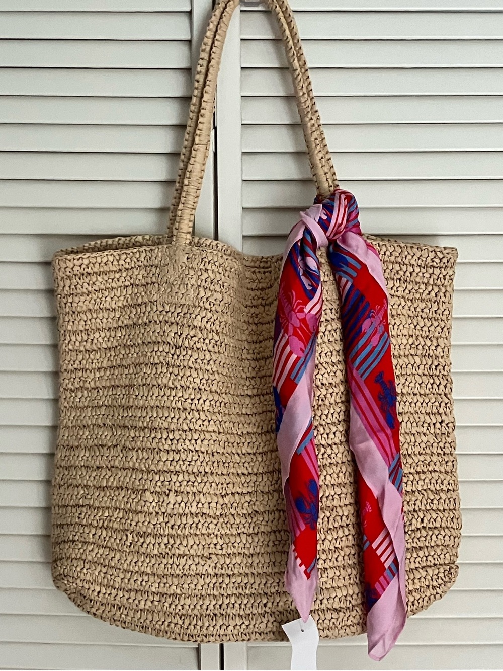NWT J Crew Straw Tote Bag with Pink & Red Nautical Scarf